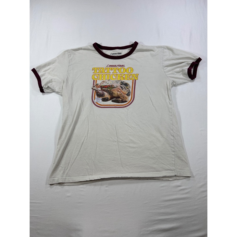 Omega Mart Meow Wolf Tattoo Chicken Ringer T-Shirt Cream Burgundy Mens Large